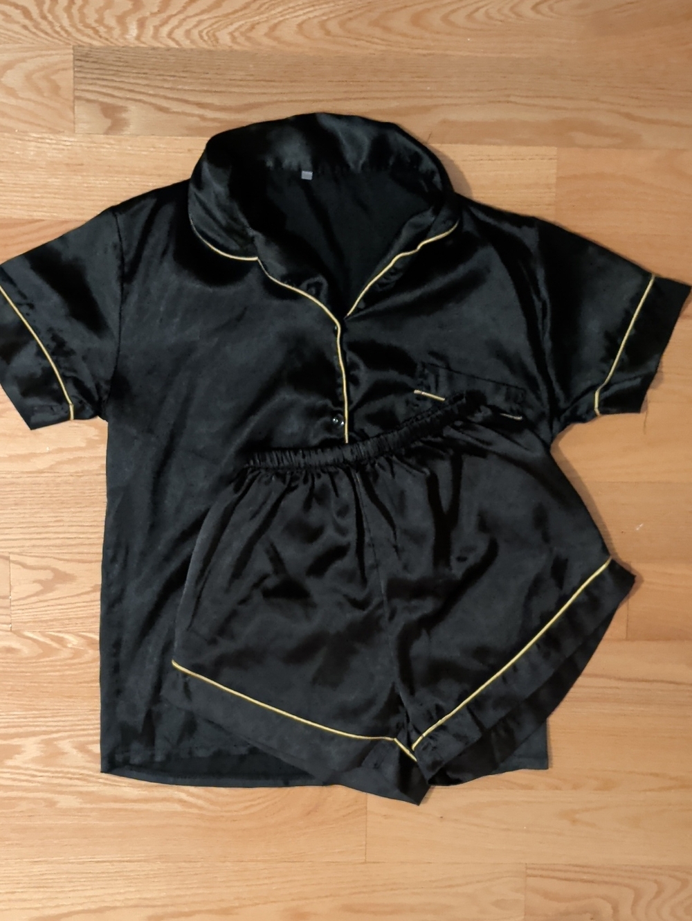 SHEIN Black Satin Pajama Set with Yellow Piping